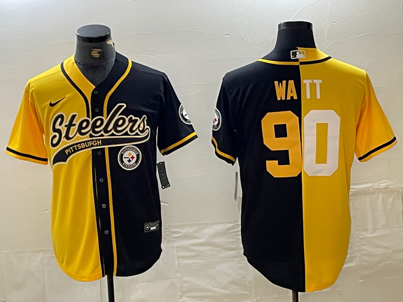 Personalized Men’s Pittsburgh Steelers #90 T. J. Watt Yellow Black Split With Patch Cool Base Stitched Baseball Jerseys