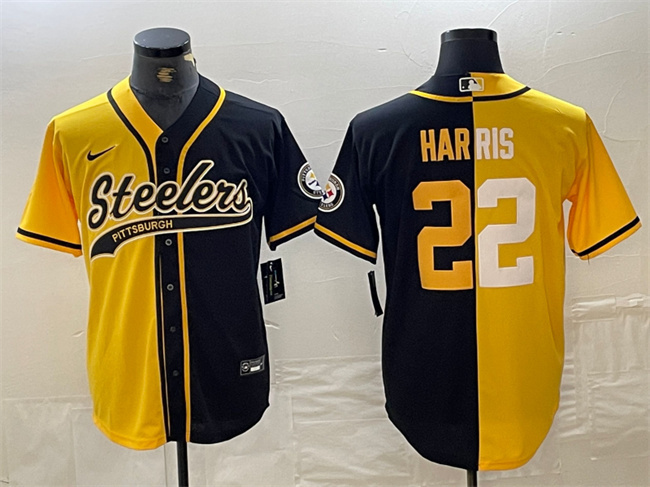 Personalized Men’s Pittsburgh Steelers #22 Najee Harris Yellow Black Split With Patch Cool Base Stitched Baseball Jersey