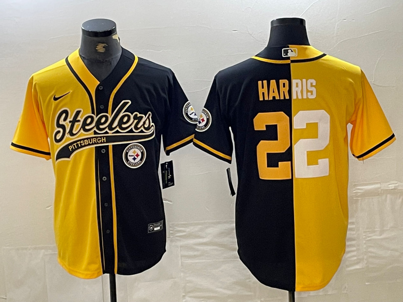 Personalized Men’s Pittsburgh Steelers #22 Najee Harris Yellow Black Split With Patch Cool Base Stitched Baseball Jerseys