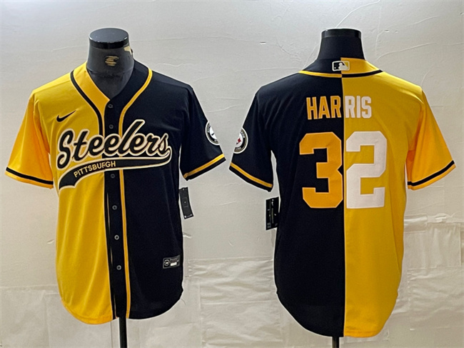 Personalized Men’s Pittsburgh Steelers #32 Franco Harris Yellow Black Split With Patch Cool Base Stitched Baseball Jersey