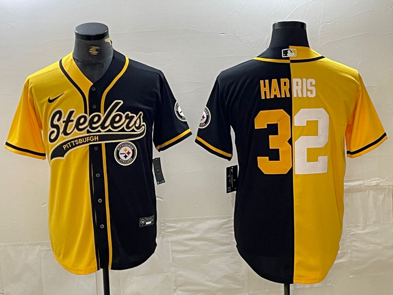 Personalized Men’s Pittsburgh Steelers #32 Franco Harris Yellow Black Split With Patch Cool Base Stitched Baseball Jerseys