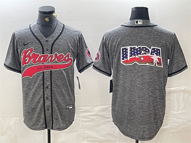Personalized Men’s Atlanta Braves Gray Team Big Logo Cool Base With Patch Stitched Baseball Jerseys