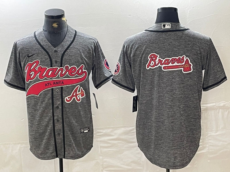 Personalized Men’s Atlanta Braves Gray Team Big Logo Cool Base With Patch Stitched Baseball Jerseys