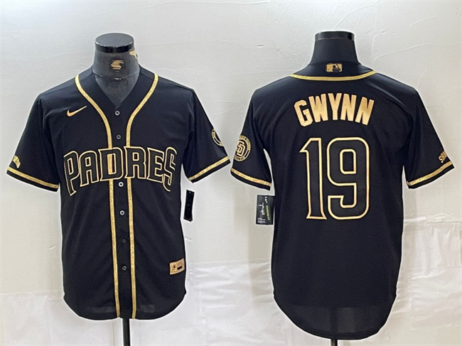 Personalized Men’s San Diego Padres #19 Tony Gwynn Black Gold With Patch Cool Base Stitched Baseball Jersey