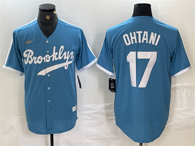 Personalized Men’s Los Angeles Dodgers #17 Shohei Ohtani Light Blue Throwback Cool Base Stitched Baseball Jersey