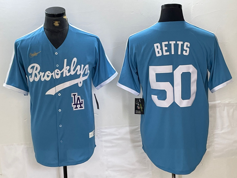 Personalized Men’s Los Angeles Dodgers #50 Mookie Betts Light Blue Throwback Cool Base Stitched Baseball Jerseys