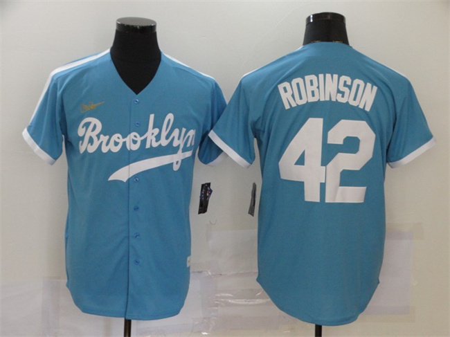 Personalized Men’s Los Angeles Dodgers #42 Jackie Robinson Light Blue Throwback Cool Base Stitched Baseball Jersey