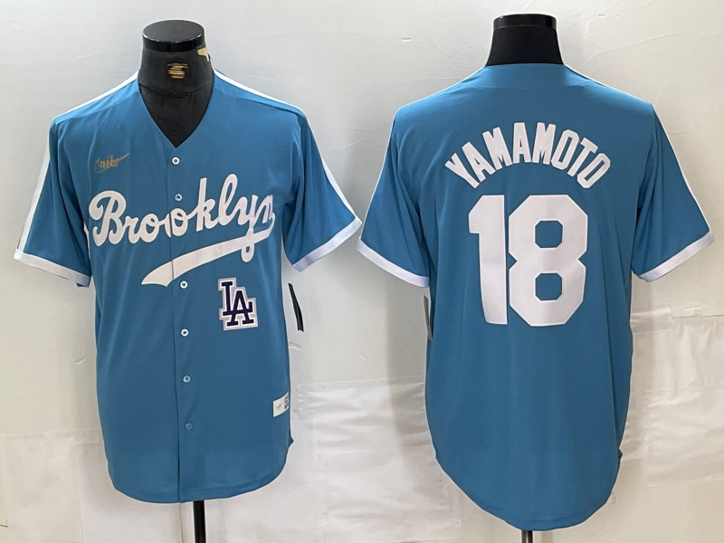 Personalized Men’s Los Angeles Dodgers #18 Yoshinobu Yamamoto Light Blue Throwback Cool Base Stitched Baseball Jerseys
