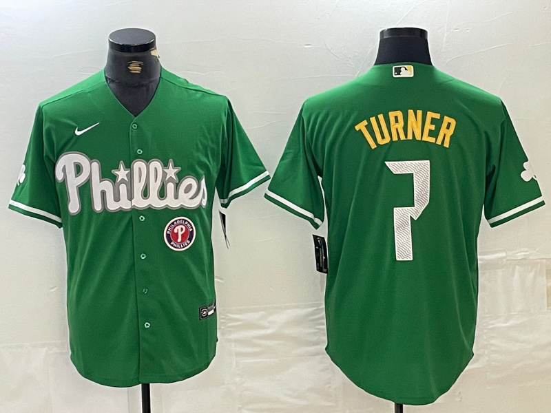 Personalized men’s philadelphia phillies #7 trea turner green 2024 city connect stitched jersey