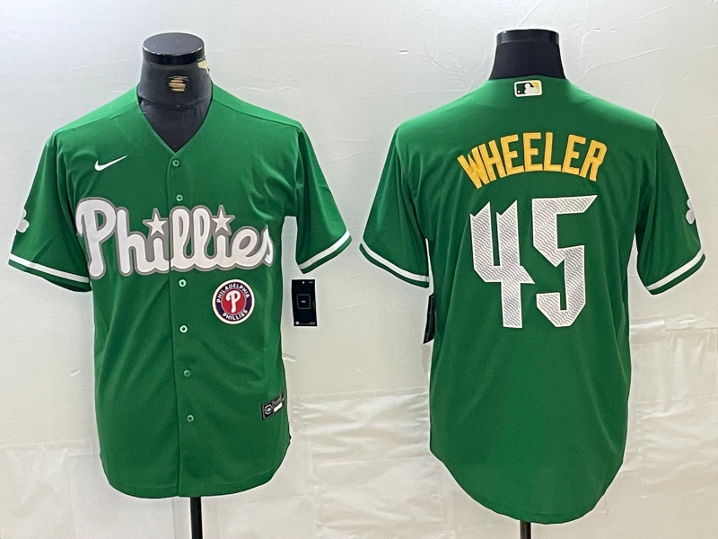 Personalized men’s philadelphia phillies #45 zack wheeler green 2024 city connect stitched jersey