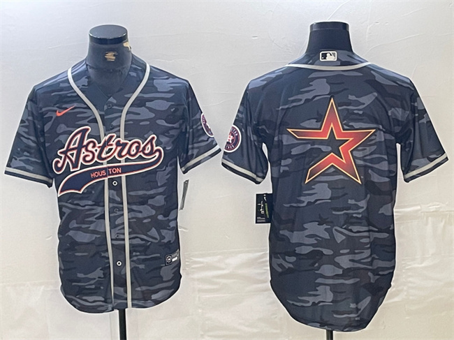 Personalized Men’s Houston Astros Gray Camo Team Big Logo With Patch Cool Base Stitched Baseball Jersey