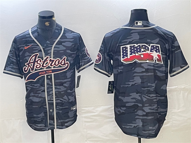 Personalized Men’s Houston Astros Gray Camo Team Big Logo With Patch Cool Base Stitched Baseball Jersey