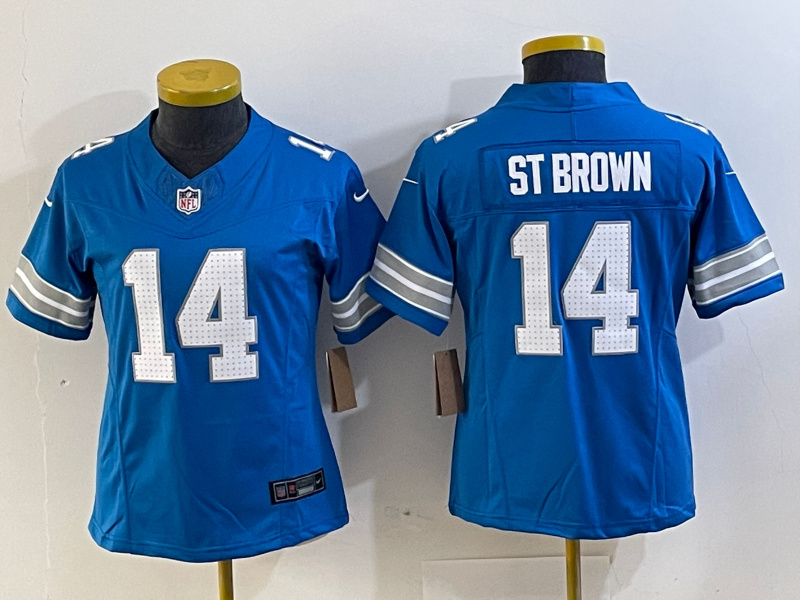 Personalized Women’s Detroit Lions #14 Amon-Ra St. Brown Blue Stitched Jersey(Run Smaller)