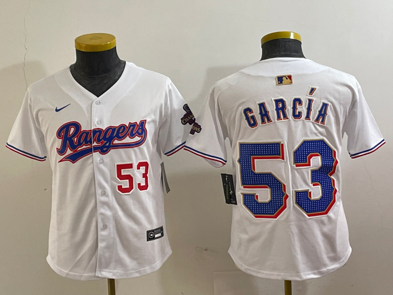 Personalized Youth Texas Rangers #53 Adolis García White Gold Cool Base Stitched Baseball Jersey