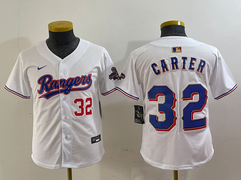Personalized Youth Texas Rangers #32 Evan Carter White Gold Stitched Baseball Jersey(Run Small)
