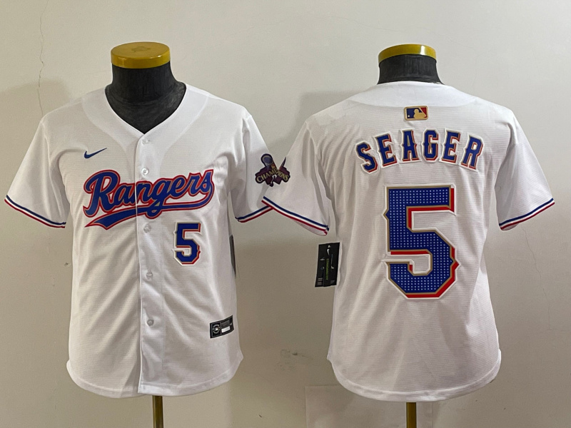 Personalized Youth Texas Rangers #5 Corey Seager White Gold Stitched Baseball Jersey(Run Small)