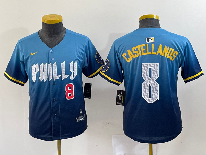 Personalized Youth Philadelphia Phillies #8 Nick Castellanos Blue 2024 City Connect Limited Stitched Jersey