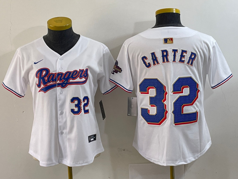 Personalized Women’s Texas Rangers #32 Evan Carter White Gold Stitched Baseball Jersey(Run Small)