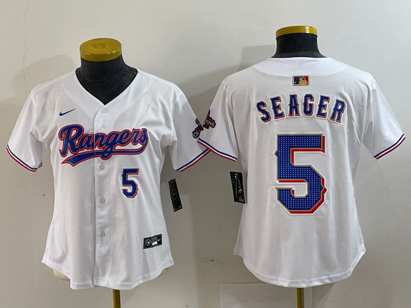 Personalized Women’s Texas Rangers #5 Corey Seager White Gold Stitched Baseball Jersey(Run Small)