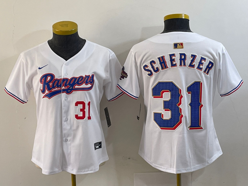 Personalized Women’s Texas Rangers #31 Max Scherzer White Gold Stitched Baseball Jersey(Run Small)