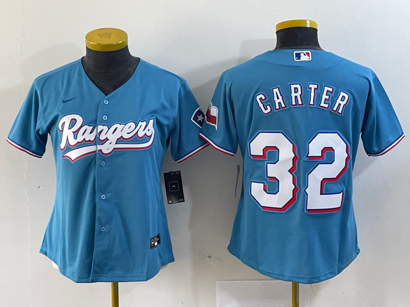 Personalized Women’s Texas Rangers #32 Evan Carter Blue With Patch Stitched Baseball Jersey(Run Small)