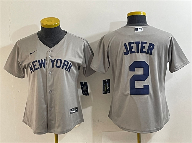 Personalized Women’s New York Yankees #2 Derek Jeter Grey Cool Base Stitched Jersey(Run Small)