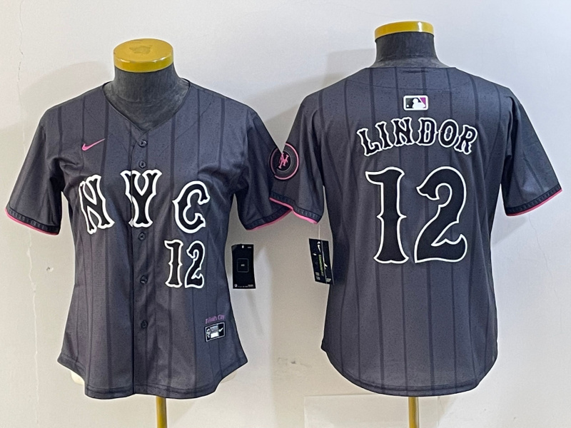 Personalized Women New York Mets #12 Francisco Lindor Graphite 2024 City Connect Limited Stitched Baseball Jersey