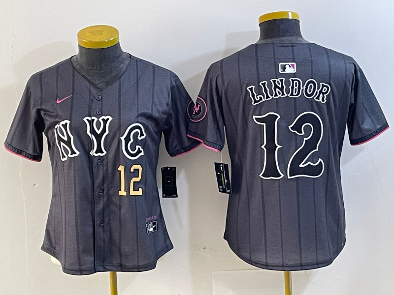 Personalized Women New York Mets #12 Francisco Lindor Graphite 2024 City Connect Limited Stitched Baseball Jersey