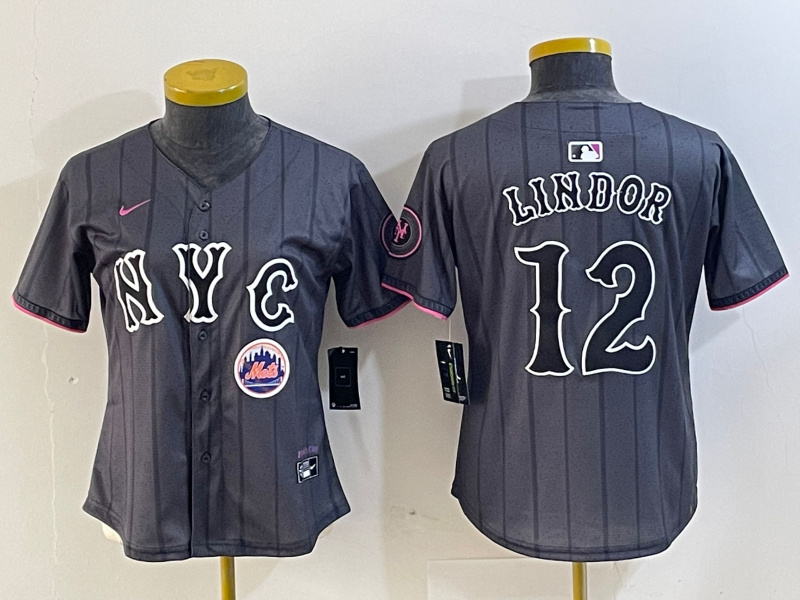 Personalized Women’s New York Mets #12 Francisco Lindor Graphite 2024 City Connect Limited Stitched Baseball Jersey
