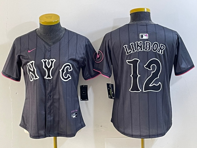 Personalized Women’s New York Mets #12 Francisco Lindor Graphite 2024 City Connect Limited Stitched Baseball Jersey(Run Small)