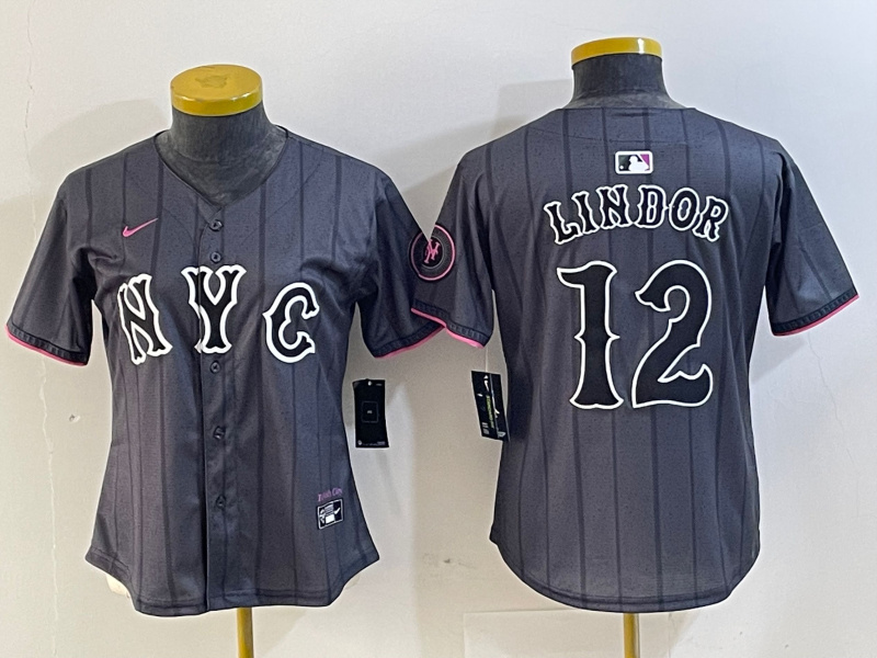 Personalized Women’s New York Mets #12 Francisco Lindor Graphite 2024 City Connect Limited Stitched Baseball Jersey(Run Small)