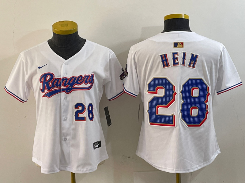 Personalized Women Texas Rangers #28 Jonah Heim White Gold Cool Base Stitched Baseball Jersey