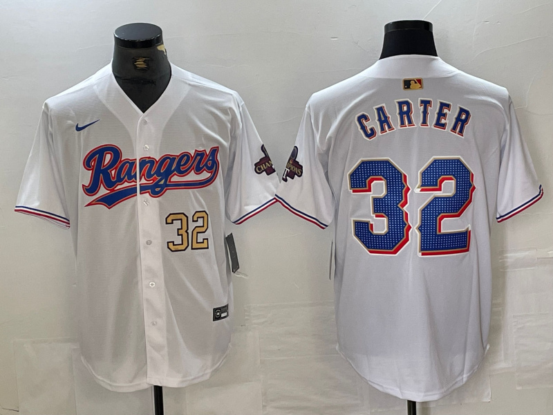 Personalized Men’s Texas Rangers #32 Evan Carter White Gold Cool Base Stitched Baseball Jersey