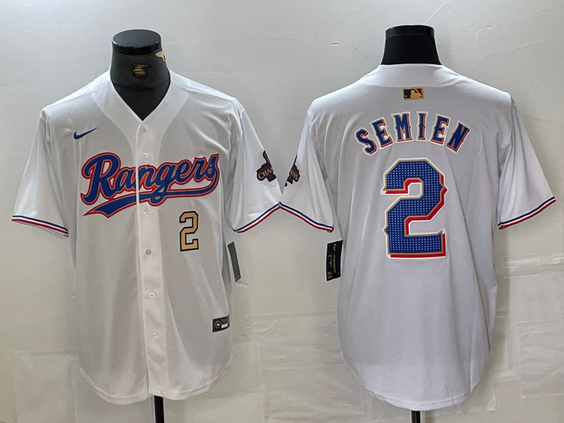 Personalized Men’s Texas Rangers #2 Marcus Semien White Gold Cool Base Stitched Baseball Jersey
