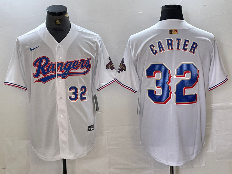Personalized Men’s Texas Rangers #32 Evan Carter White Gold Cool Base Stitched Baseball Jersey