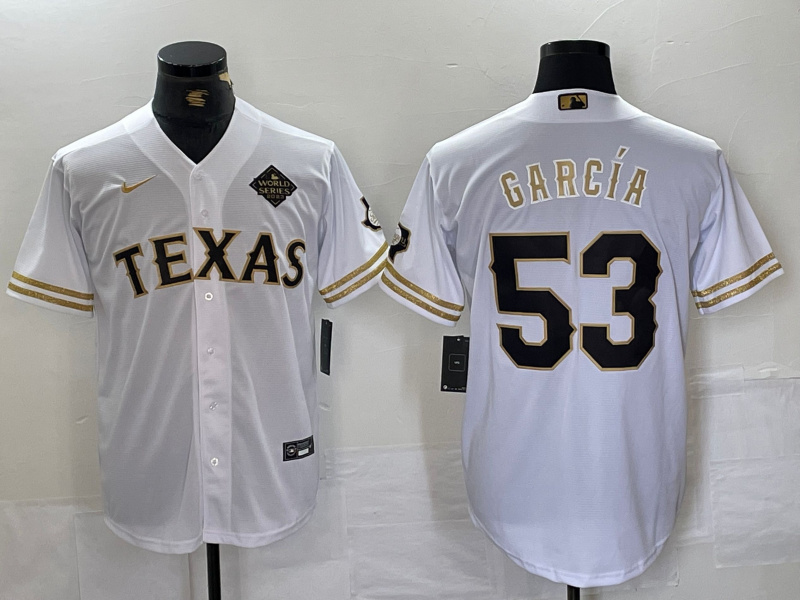 Personalized Men’s Texas Rangers #53 Adolis Garcia White Gold Cool Base Stitched Baseball Jersey
