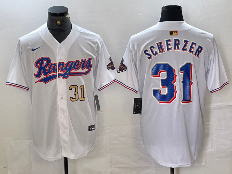 Personalized Men’s Texas Rangers #31 Max Scherzer White Gold Cool Base Stitched Baseball Jersey