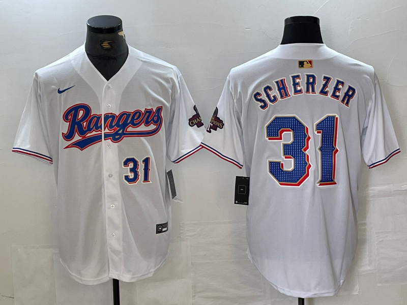 Personalized Men’s Texas Rangers #31 Max Scherzer White Gold Cool Base Stitched Baseball Jersey