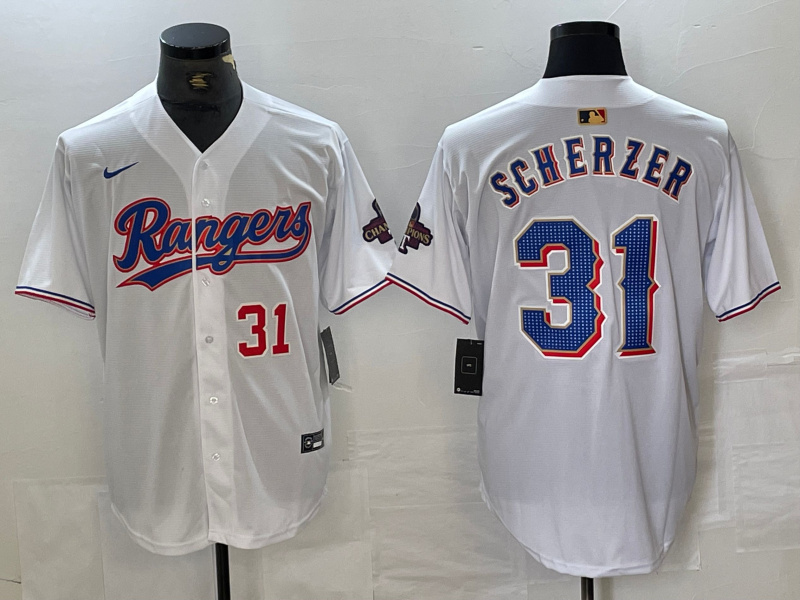 Personalized Men’s Texas Rangers #31 Max Scherzer White Gold Cool Base Stitched Baseball Jersey
