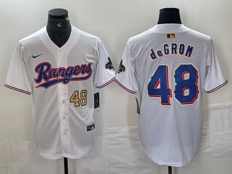Personalized Men’s Texas Rangers #48 Jacob DeGrom White Gold Cool Base Stitched Baseball Jersey