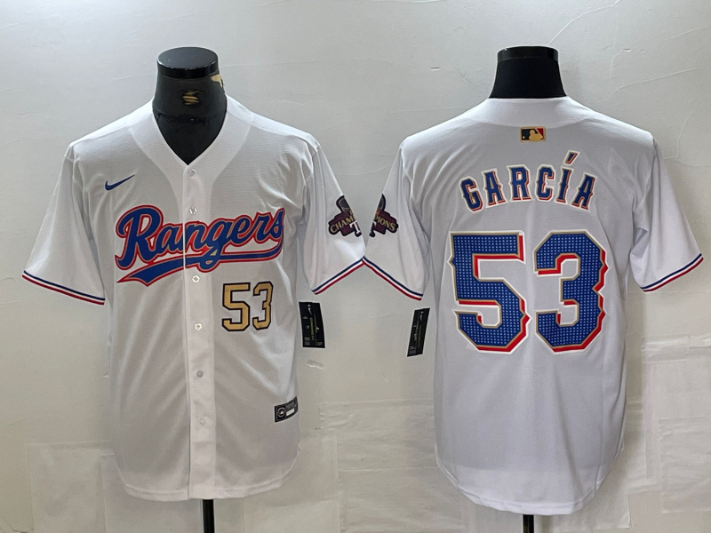 Personalized Men’s Texas Rangers #53 Adolis García White Gold Cool Base Stitched Baseball Jersey