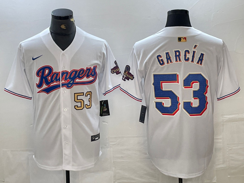 Personalized Men’s Texas Rangers #53 Adolis García White Gold Cool Base Stitched Baseball Jersey