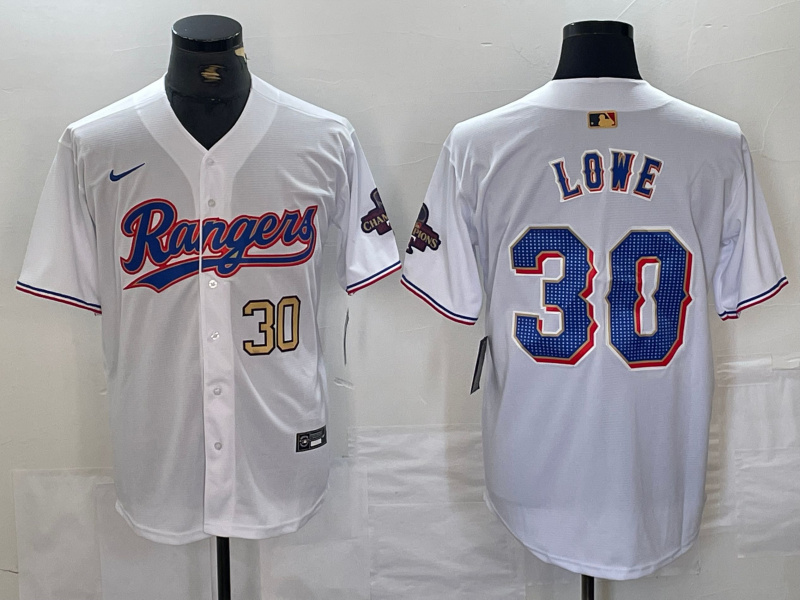 Personalized Men’s Texas Rangers #30 Nathaniel Lowe White Gold Cool Base Stitched Baseball Jersey