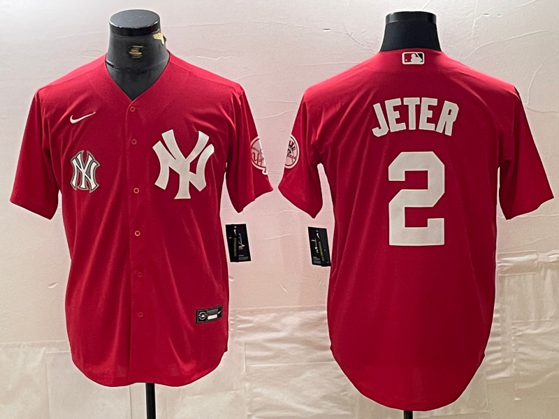 Personalized Men’s New York Yankees #2 Derek Jeter Red Cool Base Stitched Baseball Jersey