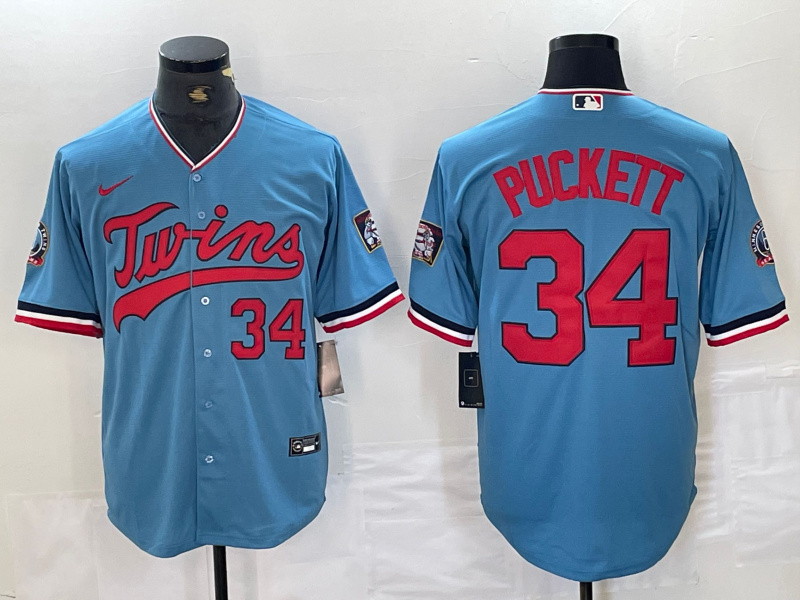 Personalized Men’s Minnesota Twins #34 Kirby Puckett Light Blue Pullover Throwback Cooperstown Jersey