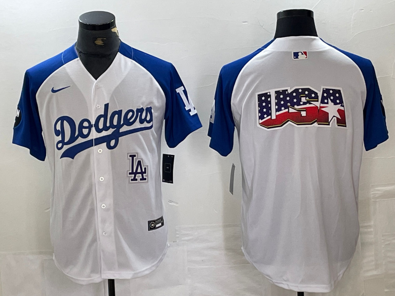 Personalized Men’s Los Angeles Dodgers Big Logo White Blue Vin Patch Cool Base Stitched Baseball Jersey