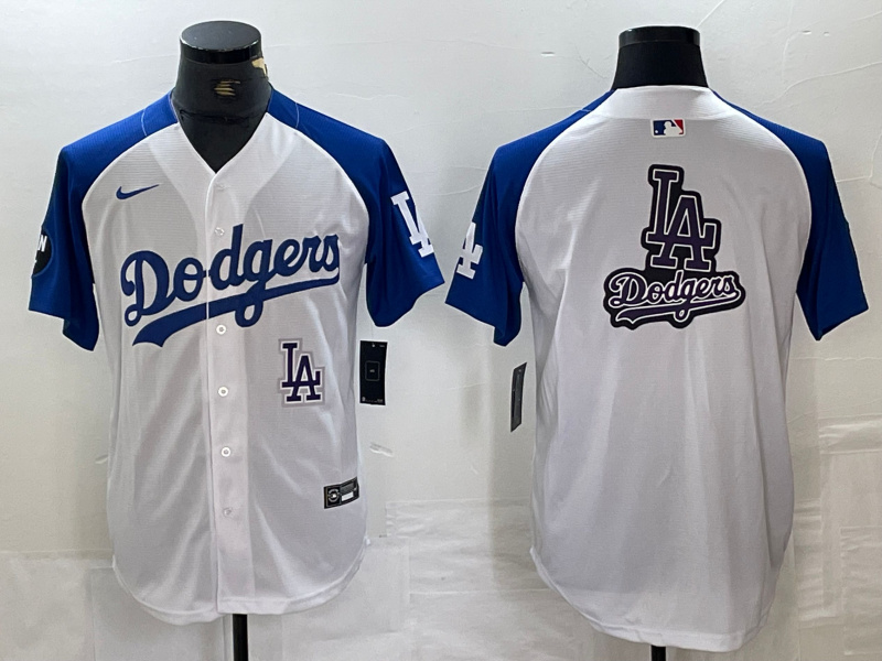 Personalized Men’s Los Angeles Dodgers big logo White Blue Vin Patch Cool Base Stitched Baseball Jersey
