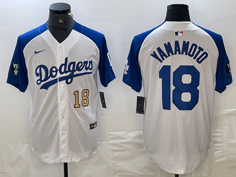 Personalized Men’s Los Angeles Dodgers #18 山本由伸  Yoshinobu White Blue Vin Patch Cool Base Stitched Baseball Jersey