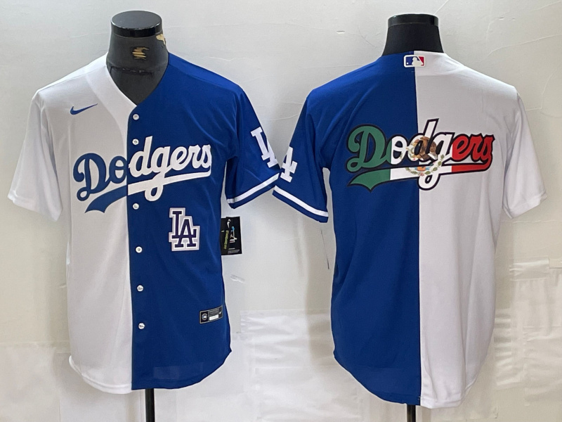Personalized Men’s Los Angeles Dodgers Team Big Logo White Blue Split Cool Base Stitched Baseball Jersey