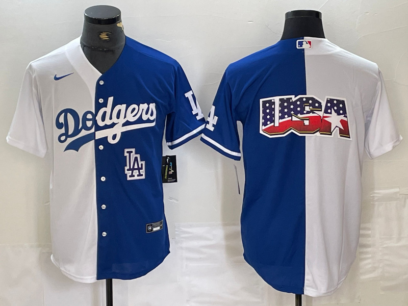 Personalized Men’s Los Angeles Dodgers Team Big Logo White Blue Split Cool Base Stitched Baseball Jersey